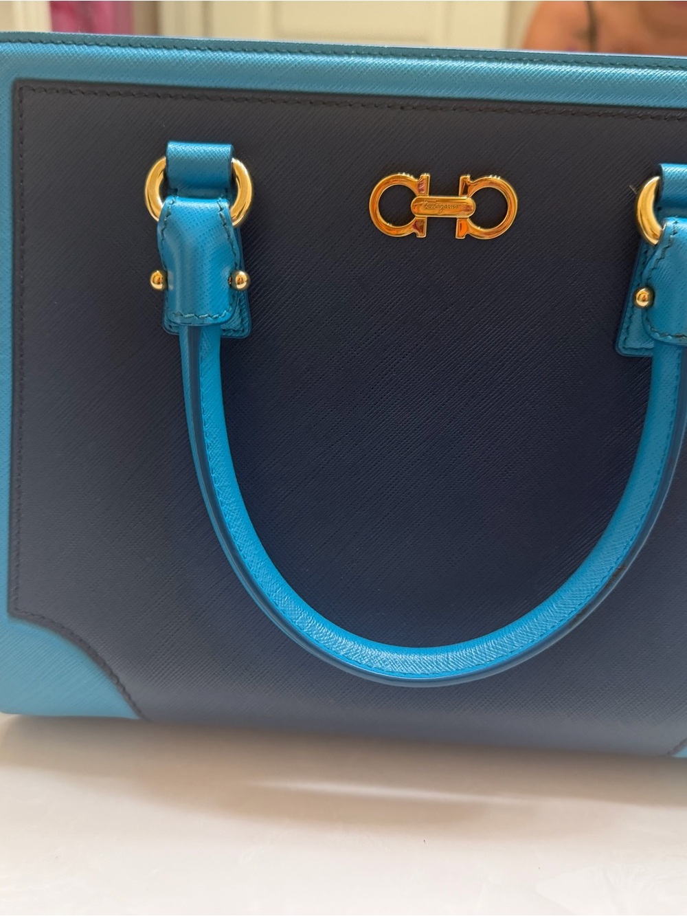 Blue and Teal Structured Leather Tote with Gold Hardware